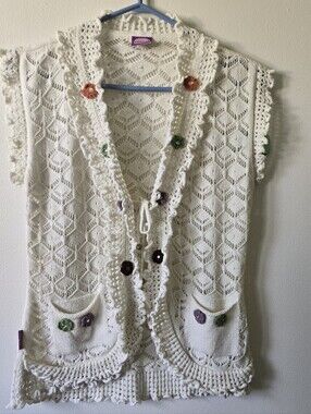 Vintage Y2K Boho Cream Crochet Knit Sleeveless Vest Sweater - Cengiz Triko Sz M